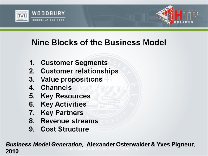 Nine Blocks of the Business Model Customer Segments Customer relationships Value propositions Channels Key